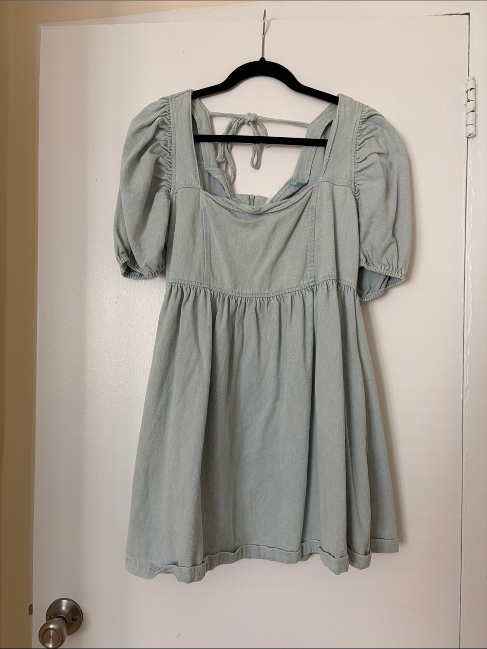 Mittoshop 100% cotton pale blue/green babydoll puff sleeve dress size M